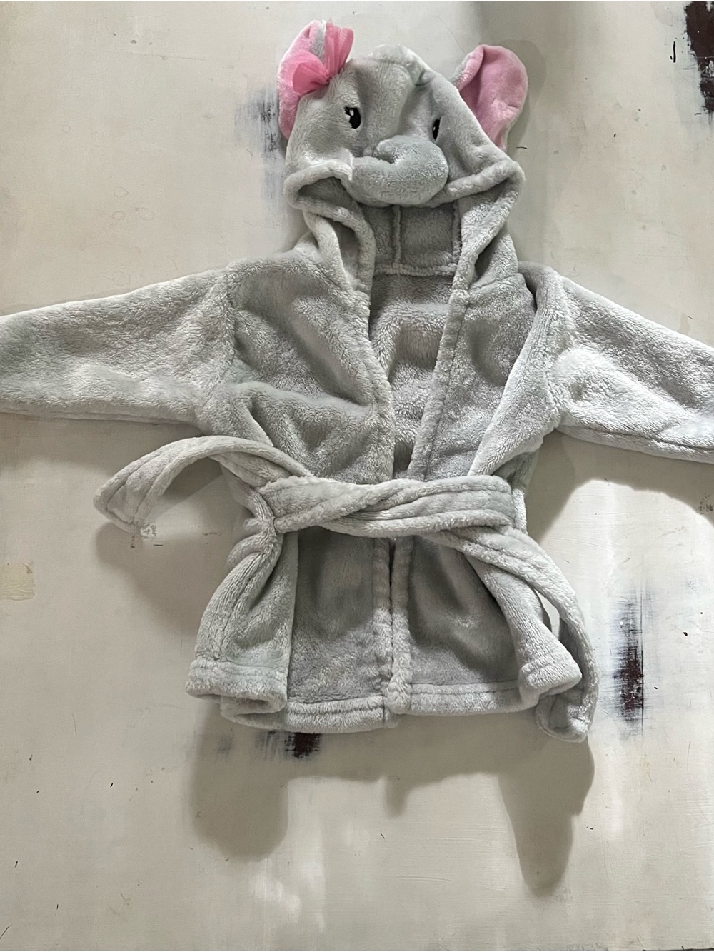 HB Plush Elephant Hooded Kids Pajama Robe - Light Gray with Pink Ears 0-9 Months